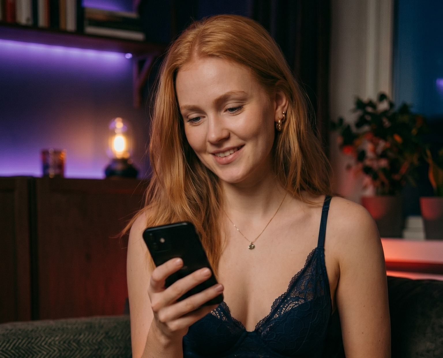 Woman smiling at her phone in warm light